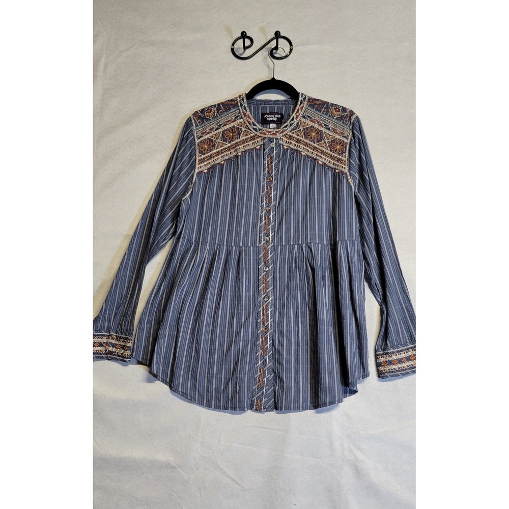 Blue Pinstripe W Embr Trim Ls Button Up Johnny Was Ls Top Size L